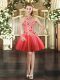 Beauteous Coral Red Halter Top Neckline Embroidery Prom Gown Sleeveless Lace Up