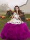 Fuchsia Organza Lace Up Straps Sleeveless Floor Length Little Girls Pageant Dress Embroidery and Ruffles