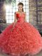 Adorable Watermelon Red Fabric With Rolling Flowers Lace Up Quince Ball Gowns Sleeveless Floor Length Beading