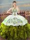 Suitable Halter Top Sleeveless Lace Up Quinceanera Dresses Olive Green Organza