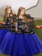 Royal Blue Ball Gowns Spaghetti Straps Sleeveless Organza Floor Length Lace Up Embroidery and Ruffles Child Pageant Dress