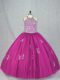 Discount Ball Gowns Quinceanera Gown Fuchsia Halter Top Tulle Sleeveless Floor Length Lace Up