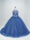 Navy Blue Lace Up Scoop Beading Quinceanera Gown Tulle Sleeveless Brush Train