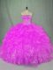 Dynamic Lilac Ball Gowns Strapless Sleeveless Organza Floor Length Lace Up Beading and Ruffles Ball Gown Prom Dress