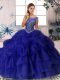 On Sale Purple Sleeveless Organza Brush Train Zipper Ball Gown Prom Dress for Military Ball and Sweet 16 and Quinceanera