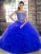 Royal Blue Lace Up Sweet 16 Quinceanera Dress Beading and Ruffles Sleeveless Brush Train