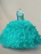 Aqua Blue Scoop Lace Up Beading and Ruffles Sweet 16 Quinceanera Dress Sleeveless