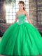 Cute Green Tulle Lace Up Vestidos de Quinceanera Sleeveless Brush Train Beading