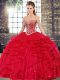 Gorgeous Red Ball Gowns Sweetheart Sleeveless Tulle Floor Length Lace Up Beading and Ruffles Sweet 16 Dress