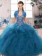 Ideal Sleeveless Tulle Floor Length Lace Up Quince Ball Gowns in Blue with Beading and Ruffles