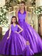 Purple Lace Up Halter Top Beading Quince Ball Gowns Tulle Sleeveless