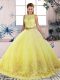 Sleeveless Tulle Sweep Train Backless Vestidos de Quinceanera in Yellow with Lace