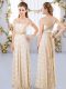 Champagne Empire V-neck Short Sleeves Lace Floor Length Side Zipper Lace Quinceanera Court of Honor Dress