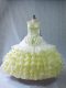 Simple Floor Length Yellow Green 15 Quinceanera Dress Organza Sleeveless Embroidery and Ruffled Layers