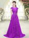 Purple Scoop Neckline Lace and Appliques and Pick Ups Prom Evening Gown Cap Sleeves Zipper