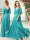 Gorgeous Aqua Blue Prom Dresses Prom and Party with Beading and Lace V-neck Half Sleeves Sweep Train Zipper