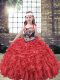 Attractive Red Ball Gowns Straps Sleeveless Organza Floor Length Lace Up Embroidery and Ruffles Child Pageant Dress
