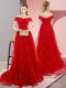 Sweep Train A-line Evening Dress Red Off The Shoulder Tulle Sleeveless Lace Up