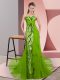 Green Tulle Zipper Spaghetti Straps Sleeveless Prom Gown Sweep Train Beading and Lace