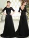 Comfortable Black Lace Up Scalloped Beading and Appliques Prom Dresses Elastic Woven Satin Half Sleeves Sweep Train