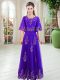 Top Selling Purple A-line Scoop Half Sleeves Tulle Floor Length Lace Up Lace Prom Party Dress
