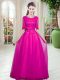 Fuchsia Tulle Lace Up Scoop Half Sleeves Floor Length Prom Gown Lace