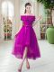 Extravagant Fuchsia A-line Tulle Off The Shoulder Short Sleeves Appliques High Low Lace Up Party Dresses
