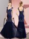 Most Popular Navy Blue Chiffon Lace Up V-neck Sleeveless Floor Length Dress for Prom Beading