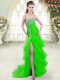 Free and Easy Green Sleeveless Brush Train Beading and Ruffled Layers Prom Gown