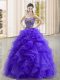 Floor Length Lace Up Quinceanera Gowns Purple for Military Ball and Sweet 16 and Quinceanera with Beading and Ruffles