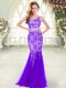 Sleeveless Tulle Floor Length Zipper Dress for Prom in Purple with Beading and Lace