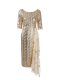 Gorgeous Half Sleeves Knee Length Belt Zipper Evening Dress with Gold