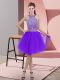 Sleeveless Organza Knee Length Backless Homecoming Dress in Purple with Beading