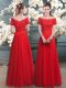 Red Lace Up Homecoming Dress Lace Short Sleeves Floor Length