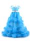 Short Sleeves Floor Length Beading and Ruffles Backless Little Girl Pageant Dress with Baby Blue