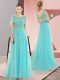 High End Aqua Blue Tulle Backless Dress for Prom Sleeveless Sweep Train Appliques