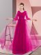 Romantic Pink and Fuchsia Long Sleeves Beading Floor Length Prom Party Dress