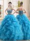 Elegant Baby Blue Ball Gowns Beading and Ruffles Quinceanera Gowns Lace Up Organza Sleeveless Floor Length