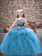 Baby Blue Ball Gowns Straps Sleeveless Tulle Floor Length Lace Up Embroidery and Ruffles Girls Pageant Dresses