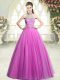 Pink A-line Tulle Halter Top Sleeveless Beading Floor Length Zipper Prom Dress