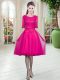 Fuchsia Tulle Lace Up Scoop Half Sleeves Knee Length Womens Party Dresses Lace