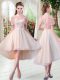 Decent Champagne A-line Lace Prom Dress Zipper Tulle Short Sleeves High Low