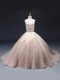 Sleeveless Floor Length Beading and Appliques Lace Up Little Girls Pageant Dress with Pink