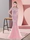 Simple Pink Mermaid Tulle Scoop Cap Sleeves Beading and Lace Zipper Prom Party Dress Sweep Train