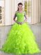 Cheap Sleeveless Organza Sweep Train Lace Up Sweet 16 Dresses in Yellow Green with Beading and Lace and Ruffles