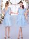Light Blue Short Sleeves Knee Length Appliques Lace Up Quinceanera Court of Honor Dress