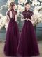 Floor Length Purple Prom Evening Gown Tulle Short Sleeves Beading and Appliques