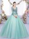 Adorable V-neck Long Sleeves Tulle Quince Ball Gowns Lace and Appliques Lace Up