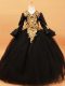 Glorious Black Ball Gowns Beading and Appliques Child Pageant Dress Tulle Long Sleeves Floor Length