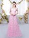Rose Pink Empire Off The Shoulder Cap Sleeves Tulle Floor Length Lace Up Appliques Quinceanera Court Dresses